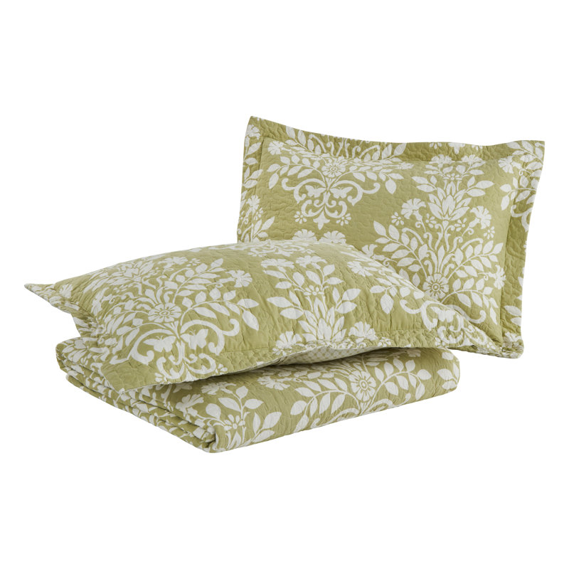Sage Green Cotton Reversible Full Quilt Set with Shams