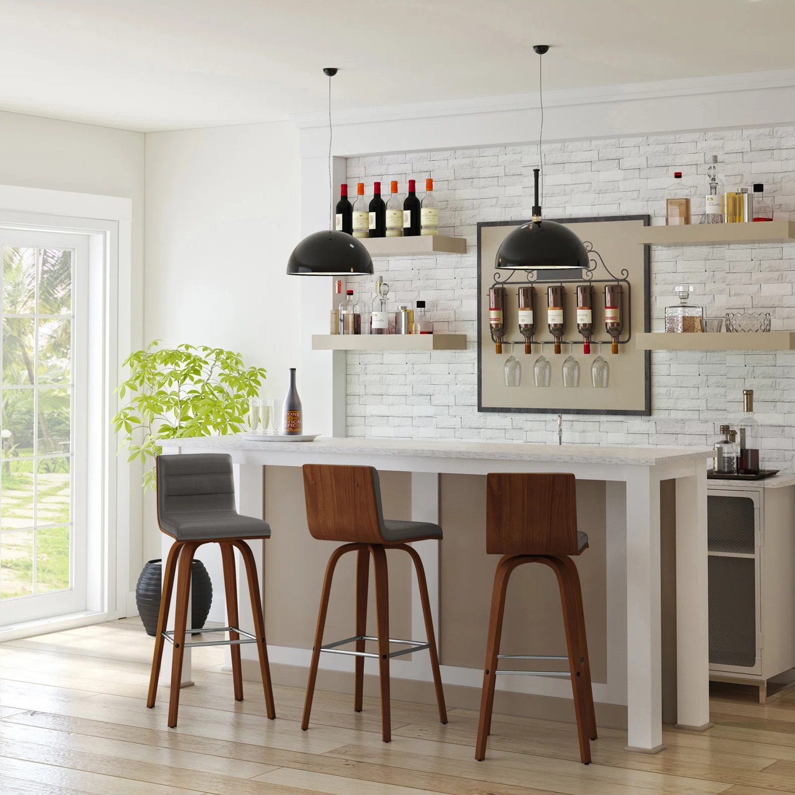 Biance Solid Wood Swivel Bar & Counter Stool, Gray Faux Leather, Bar Stool (30" Seat Height), Walnut
