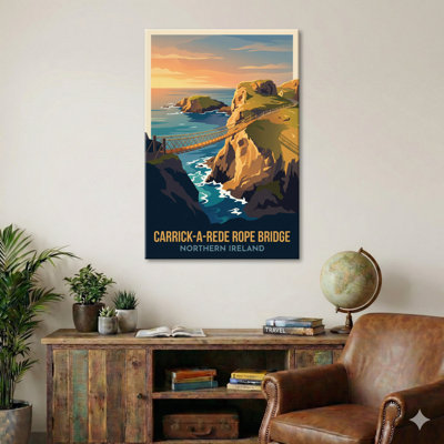 Carrick-a-Rede Rope Bridge, Northern Ireland - Coastal Romance Travel Poster. Giclee Print On Wrapped Canvas. Wall Art, Home Decor - Coastal & Maritime, Northern Ireland - Wrapped Canvas Print