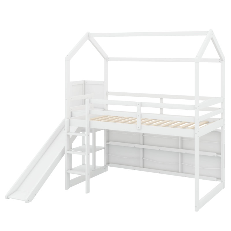 Lit mezzanine simple en bois avec glissade, Blanc