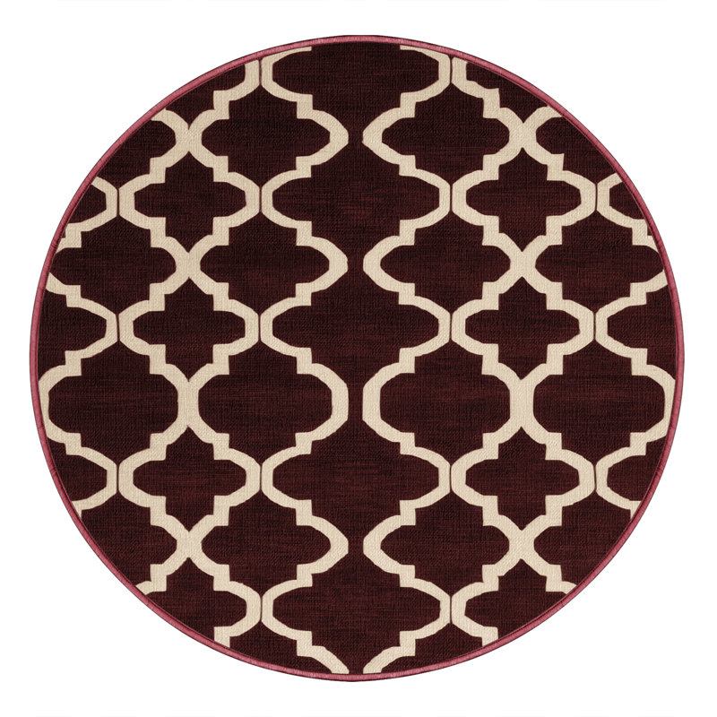 Machine Washable Trellis Red Area Rug, Round 5'