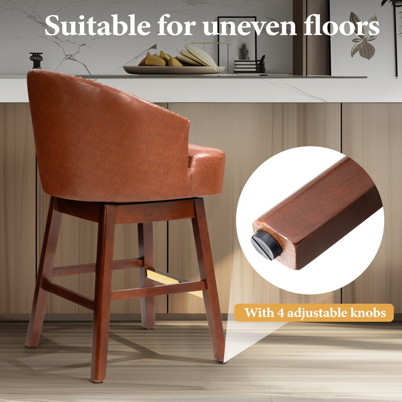 Tabouret de comptoir pivotant 26,5 po en similicuir avec pieds en bois massif, Brun