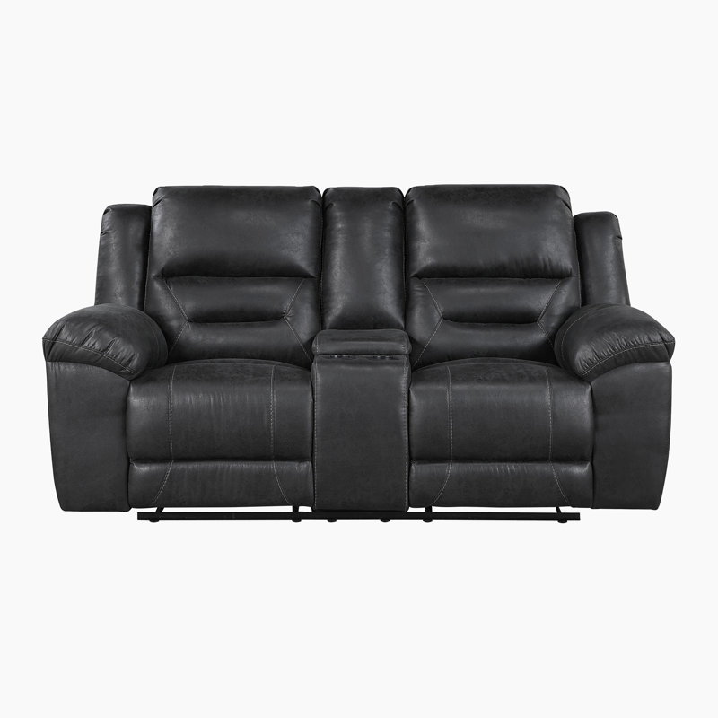 Hamisi 81" Transitional Polished Microfiber Manual Double Reclining Loveseat with Center Storage Console & Integrated Cup Holders