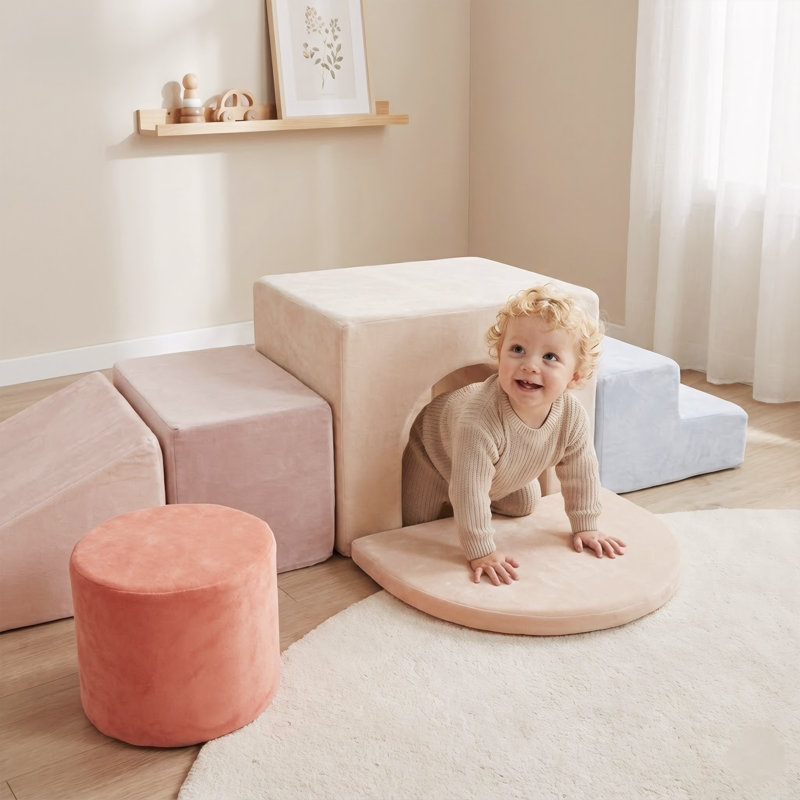 Grimpeur souple, blocs d'escalade en mousse avec tunnel, ensemble de jeu pour tout-petits 7 pièces, Blue/Pink