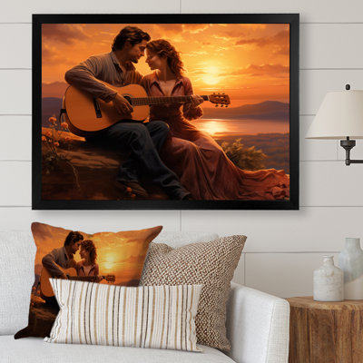 Romantic Couple Playing Guitar At Sunset - Romantic Landscape Canvas Wall Art
