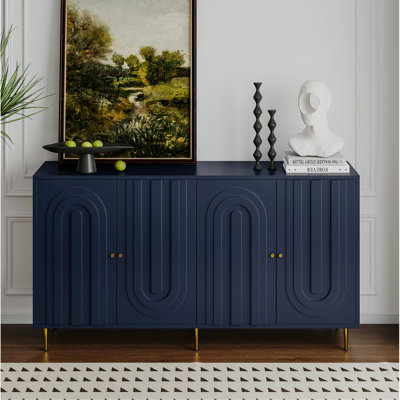 Modern Blue Lacquered 4 Door Wooden Cabinet Sideboard Buffet Server Cabinet Storage Cabinet, For Living Room, Entryway, Hallway, Office, Kitchen And Dining Room