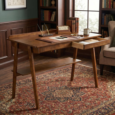 Mid-Century Modern Solid Wood Writing Desk, Walnut Small Space Home Office Computer Desk with 2 Storage Drawers, Open Shelf & Side Hooks, Multifunctional Study Workstation for Bedroom & Office