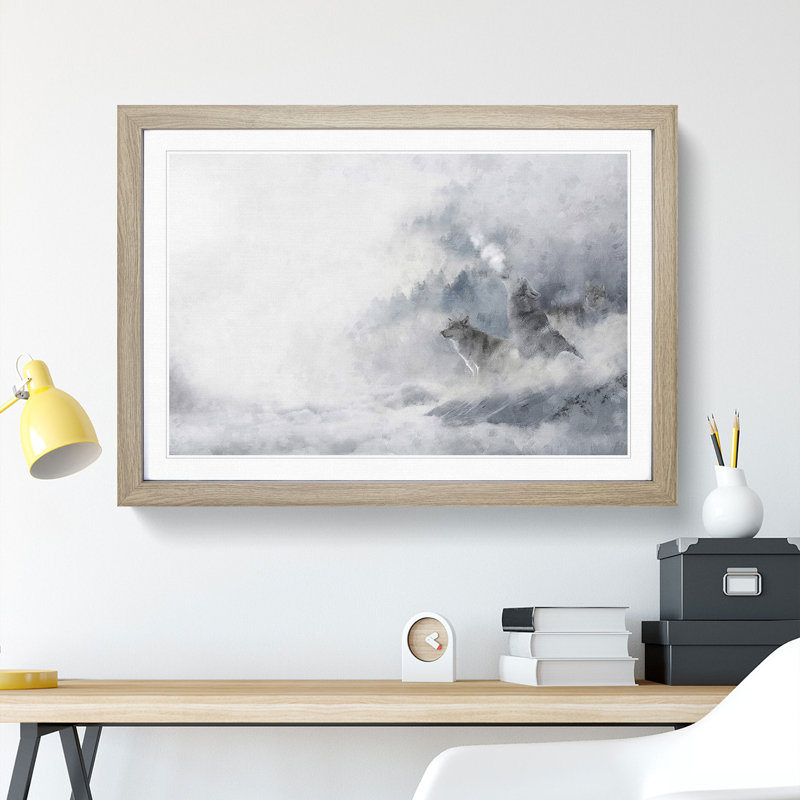 Wolves in Winter - Picture Frame Painting, Oak Framed, 48cm H x 65cm W x 2cm D