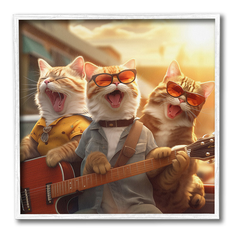 «Singing Guitarist Cats», art de la giclée encadrée par Jim Baldwin, Giclée encadrée noir minuit, H 17 po x l 17 po