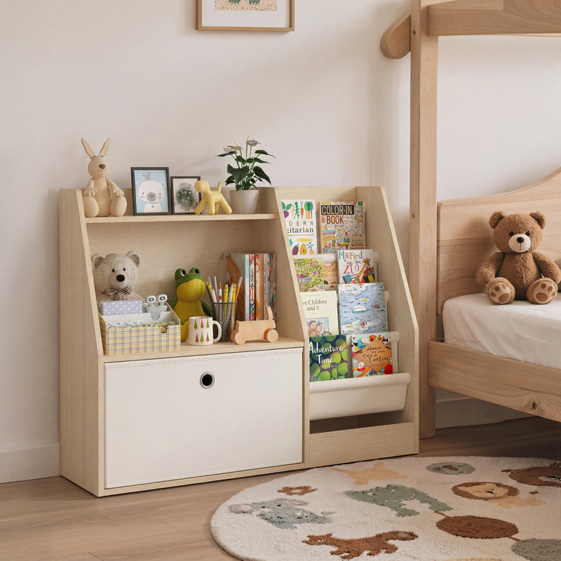 Bibliothèque pour enfants en bois naturel à 2 niveaux avec élingues en tissu pour chambre ou salle de jeux, Beige
