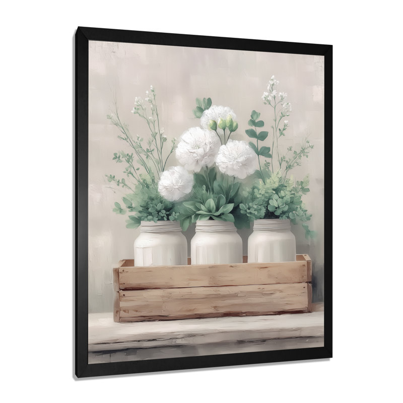 «Rustic Farmhouse Peony», reproduction d'art sur toile, décoration murale ferme blanche, Cadre photo unique, Noir