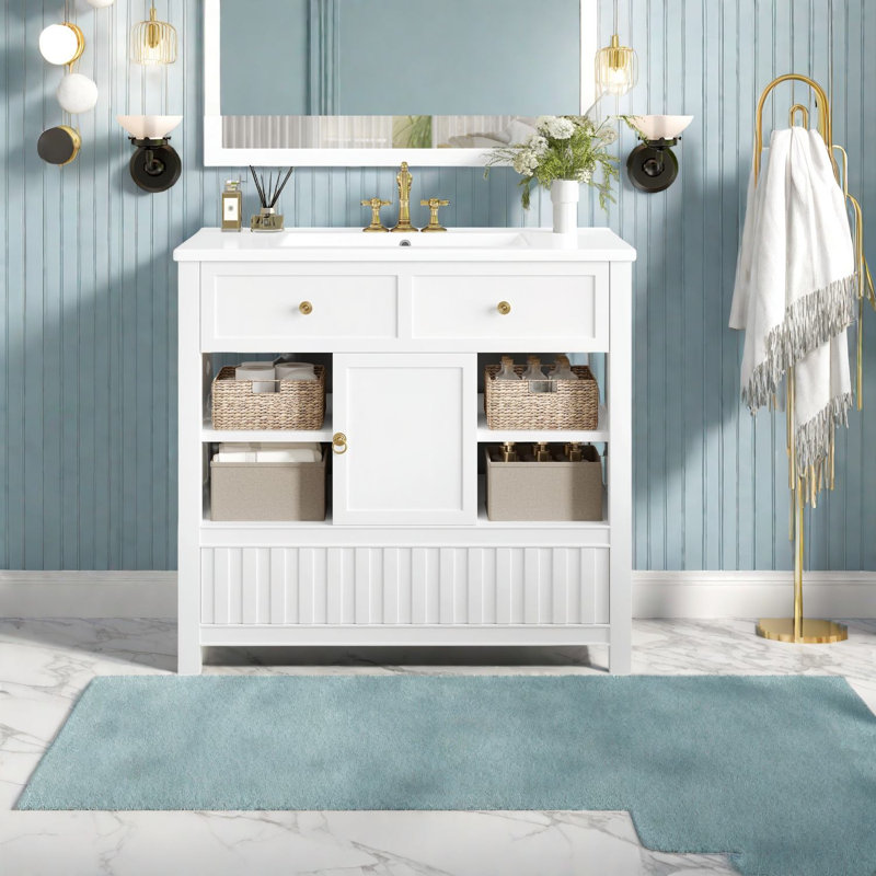 Meuble-lavabo moderne blanc avec lavabo, fabrication en bois massif, conception peu encombrante