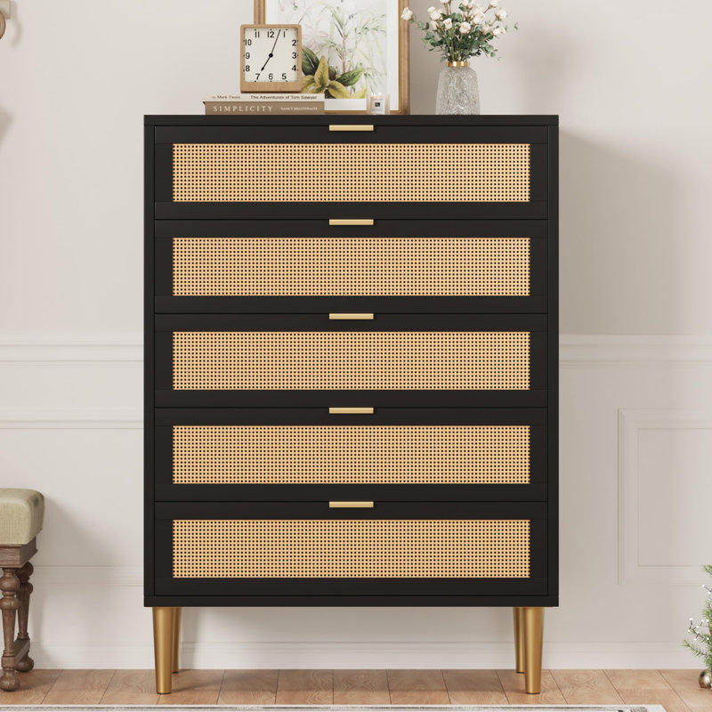 Commode 5 tiroirs en rotin, 44 po