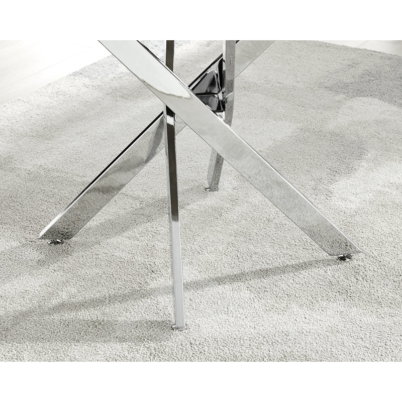 Tierra Modern Chrome Metal & Glass Round Dining Table Set with 4 Modern Design Faux Leather Chairs, Capuchino