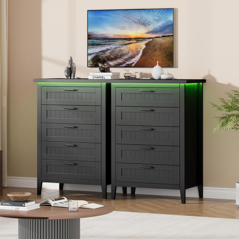 Modern Wood Chest of Drawers Organizer for Bedroom, Closet & Living Room, Space-Saving Dresser with Charging Station & RGB LED Lights