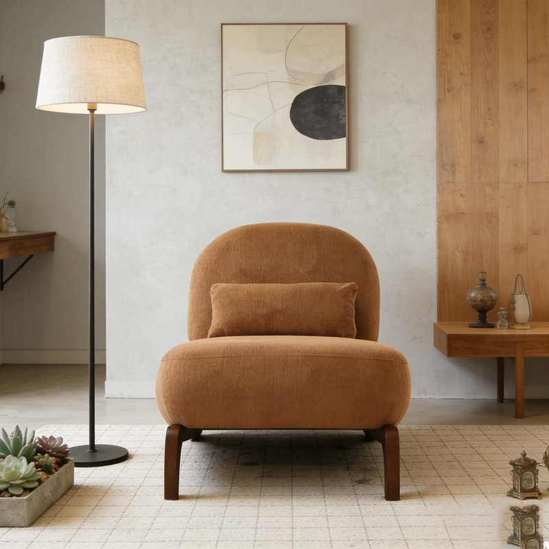 Cute Accent Chair with Solid Wood Legs, Fabric, Caramel