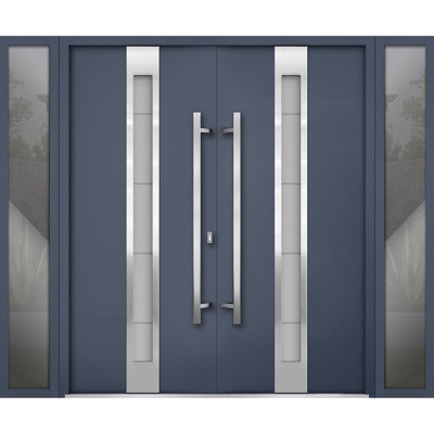Façade avant extérieure double portes en métal / deux vitres en verre graphite gris 1717/2 fenêtres extérieures latérales / porte d'entrée moderne peinte à gauche à l'intérieur 104 po x 80 po