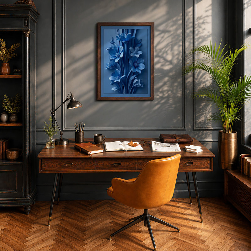 Blooms In Blue Botanical - Print, Walnut, A4 - 29.7 x 21.0 cm