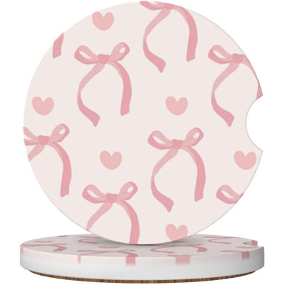 Pink Bow Love Heart Car Cup Holder Coaster 2 Pack Absorbent Ceramic Car Coasters
