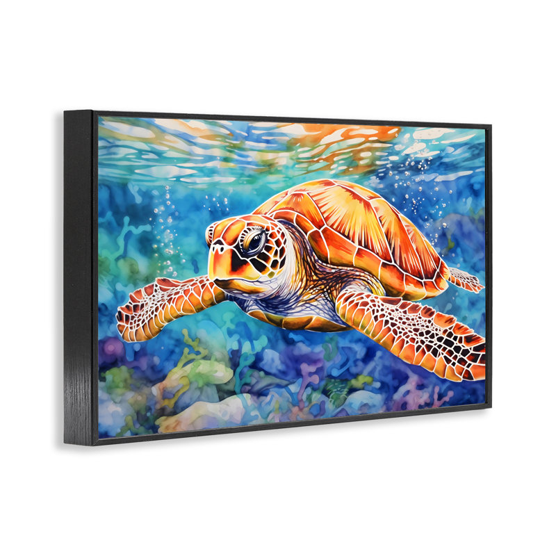 Tortue de mer brune sous giclée sous la surface, design par LSR Design Studio, H 12 po x l 18 po, Giclée encadrée noir minuit