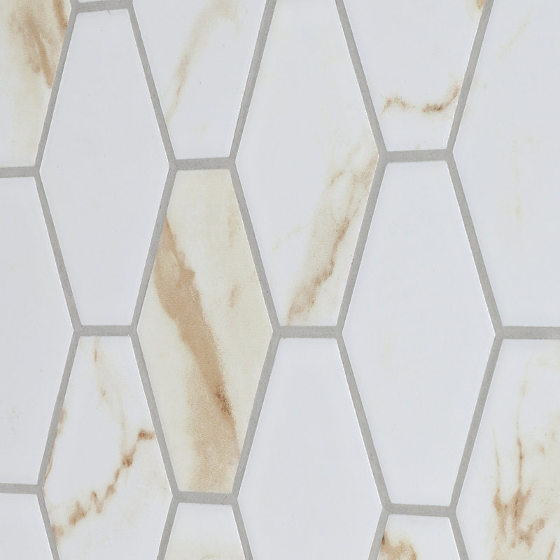 Carreau de mosaïque allongé en porcelaine hexagonale 2,36 po x 3,74 po Perfection, Or Calacatta