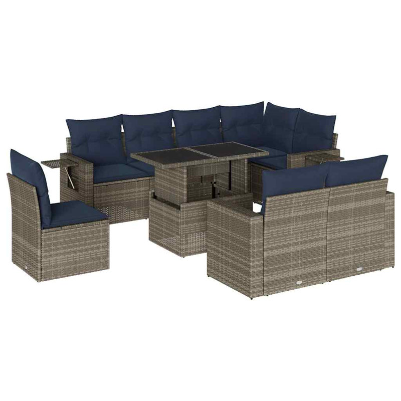 Ensemble de canapé de patio 9 pièces avec coussins en rotin de polyester, Gris, Marine