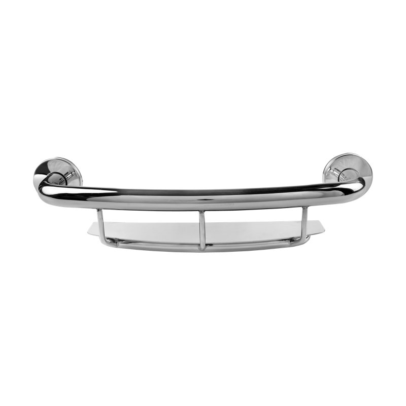Polished stainless steel grab bar with shelf