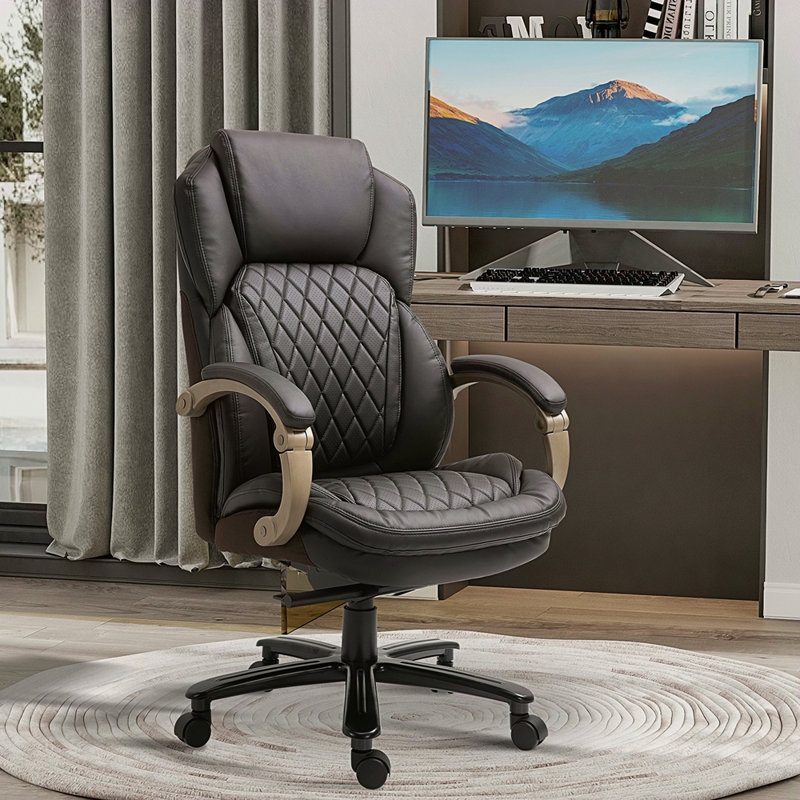 Grand et grand fauteuil de bureau de direction avec siège large, chaise de bureau d'ordinateur avec coutures en losange à dossier haut, hauteur réglable et roues pivotantes
