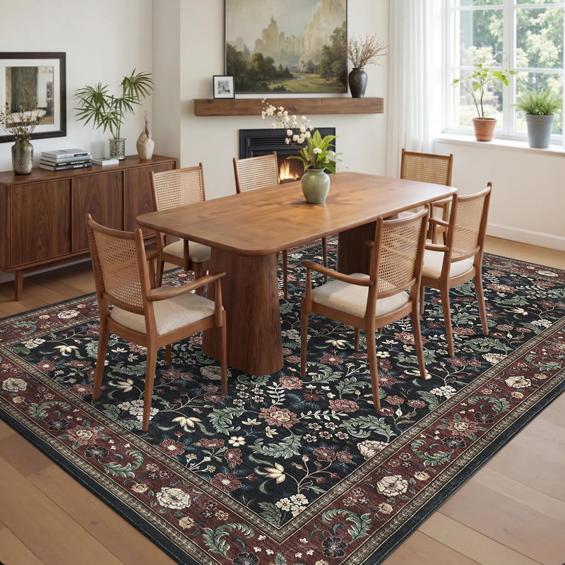 Vintage Floral 8x10 Large Living Room Rug with Non Slip Backing, Stain Resistant Non Shedding Oriental Distressed Area Rugs, Low Pile Foldable Carpet
