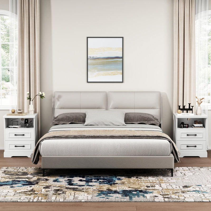 Farmhouse 2-Drawer Nightstand with Charging Station and Open Storage Shelf, 17.7" W, White, Set of 2