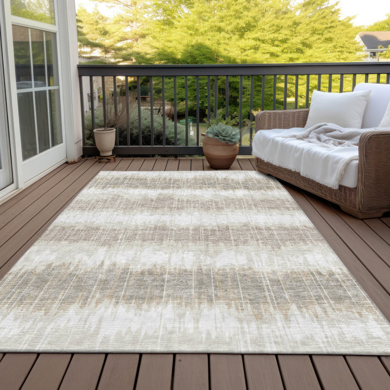 Tapis ivoire en polyester tissé à la machine intérieur / extérieur Lamanna, Rectangle 9 pi x 12 pi