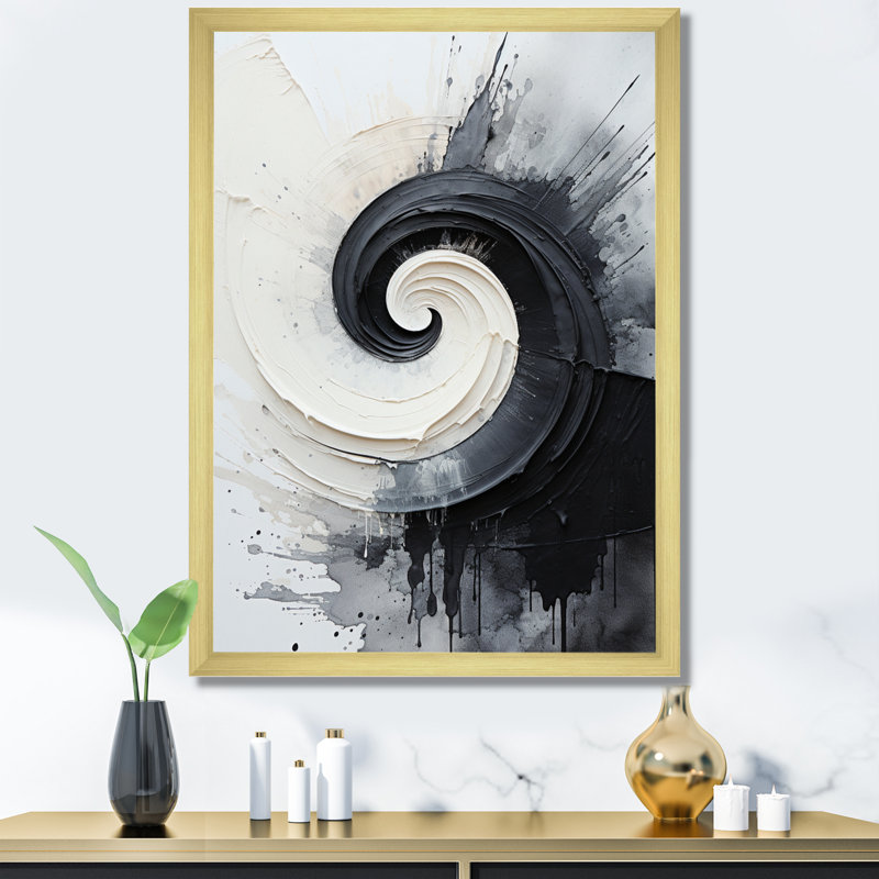 Spirale zen noire et blanche I sur toile, Cadre doré, H 20 po x l 12 po x P 1 po