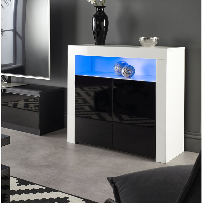 Tereza White Gloss Sideboard Cabinet, 2 Door Buffet with Lights, Adjustable Shelf, Glossy Doors, White/Black