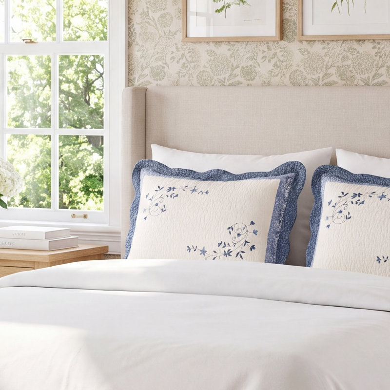  Simona Floral Embroidered Single Quilted Pillow Sham, Standard/Twin