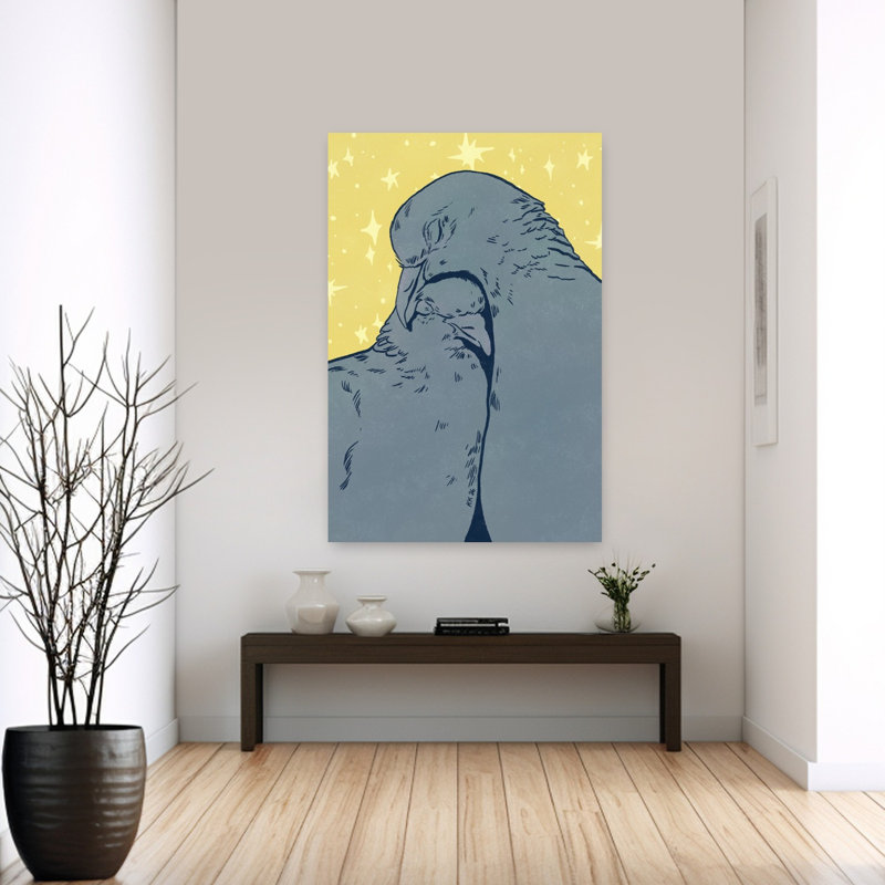Cuddling Pigeons Under Stars Dreamy Peaceful Abstract Bird Landscape Nature Wall Art Print by Katariina Kosunen - Print