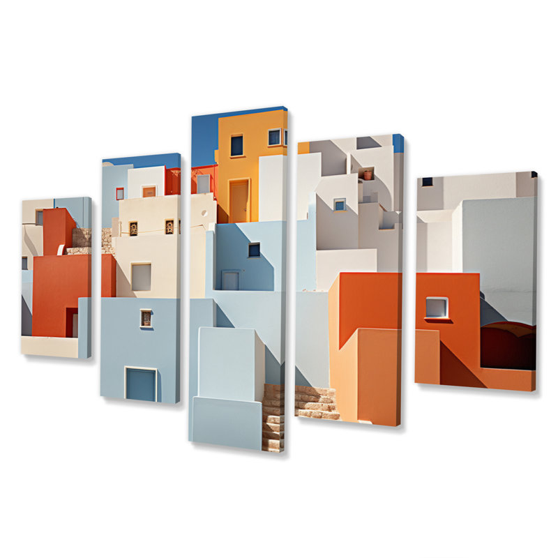 Paysage, géométrie colorée, bâtiment II, reproduction d'art sur toile - 5 panneaux