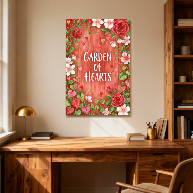 Motif de fond de la Saint-Valentin avec cœurs floraux roses et feuilles en bois, H 24 po x l 16 po