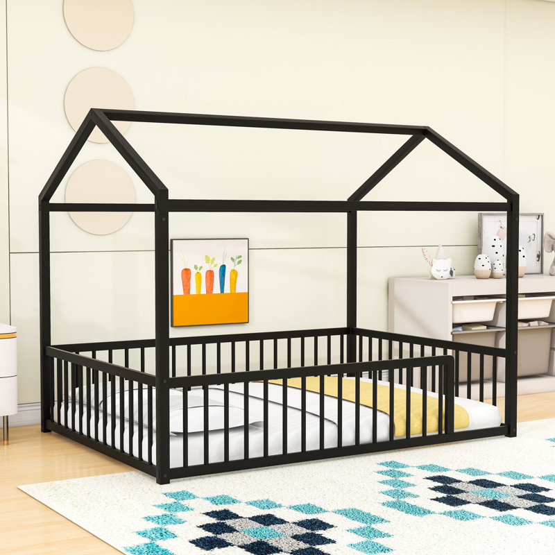 Structure de lit en métal avec clôture de sécurité Montessori, Noir, noir, noir, noir, Double