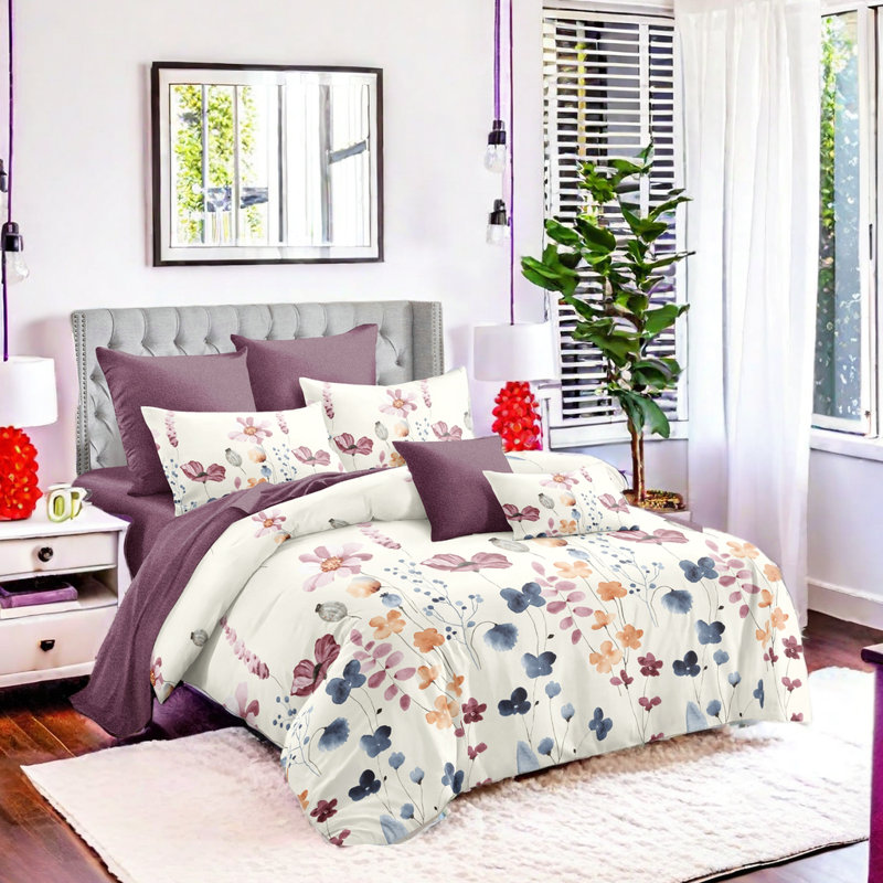 Ensemble de literie et de rideaux à motif floral aquarelle 9 pièces pour très grand lit californien - Couvre-lit en microfibre matelassée + voilages