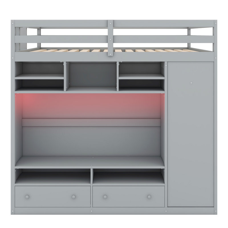Lit mezzanine avec tiroirs, tablettes et lumière, gris