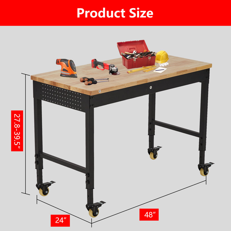 Établi robuste et ajustable 48 po x 24 po - capacité de 2000 lb, plateau en bois d'hévéa robuste, prises de courant, tiroir de rangement, panneau perforé et 4 roues verrouillables - pour le garage, l'atelier et la maison