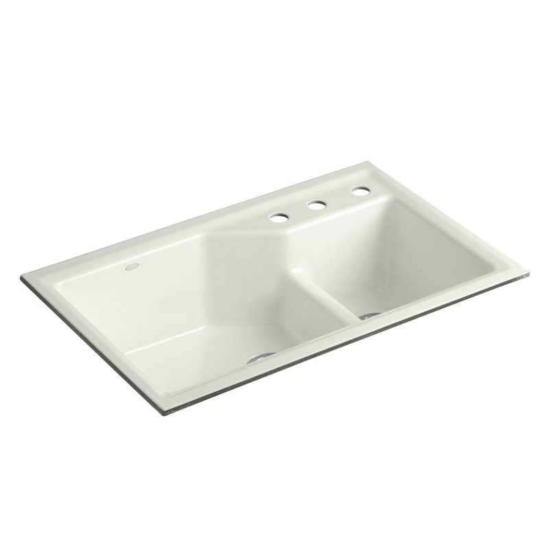 Indio® 33" L x 21.125" W Double Basin Undermount Kitchen Sink with Accessories, 3 hole, Almond