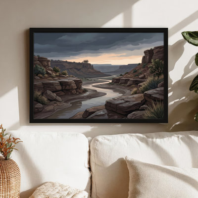 Toile noire encadrée en bois noir pour le salon, la chambre à coucher, le bureau ou le vestibule - décoration murale décorative avec rivière Canyon