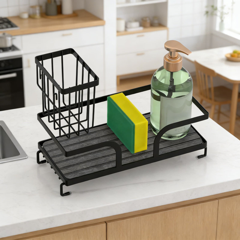 Organisateur de chariot d'évier avec plateau de séchage de pierre, support d'éponge pour évier de cuisine, savon et fournitures de nettoyage, solution de rangement de comptoir compacte