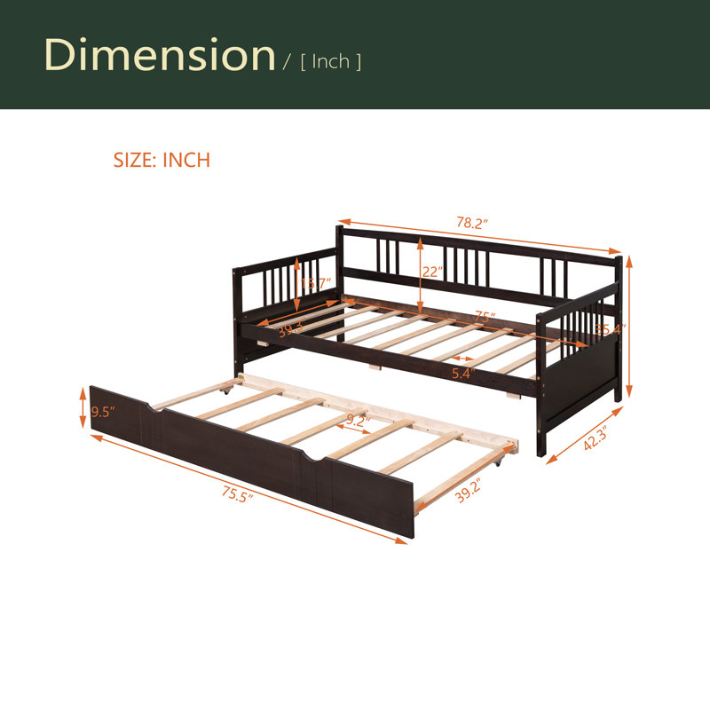 Lit de jour simple avec lit gigogne en bois, Espresso