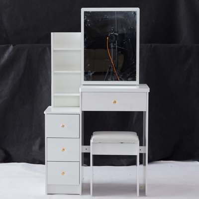Small Size Left Bedside Cabinet Vanity Table + Cushioned Stool, Extra Large Sliding Mirror, Multi Layer, High Capacity Storage Fashionable Dresser, Su by Latitude Run