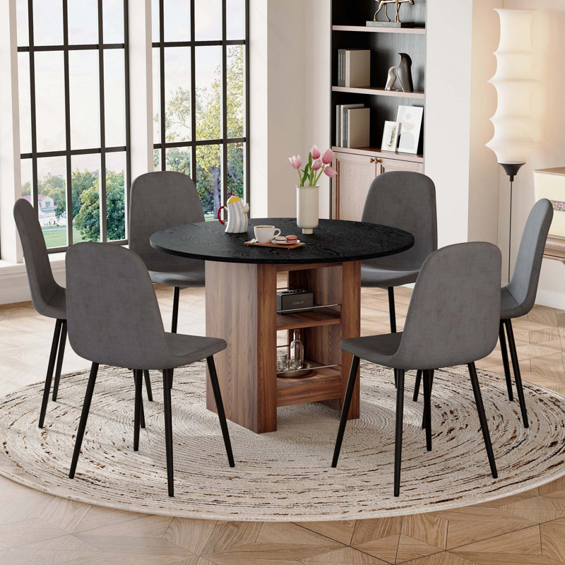 Table de salle à manger 7 pièces 42 po avec 7 tablettes et 6 chaises avec pieds en métal noir, 7 pièces : table, 6 chaises