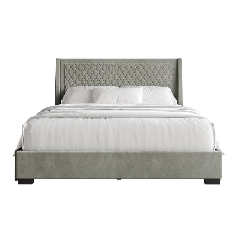 Lit plateforme double avec rangement en velours gris, Gris, Très grand