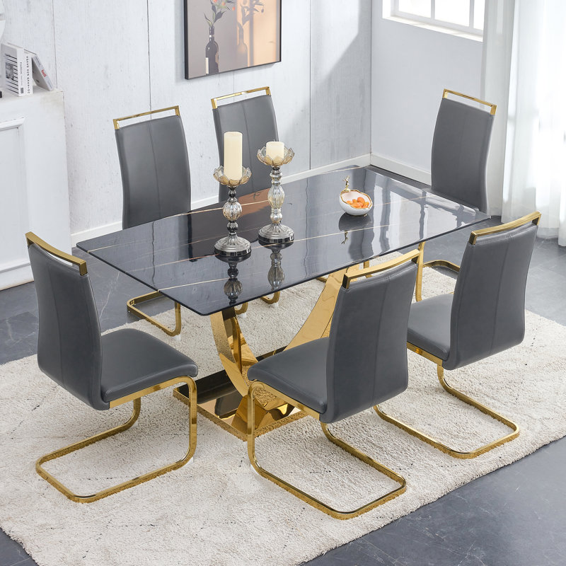 Aurora Morden Mid-Century 63" Rectangular Dining Table Set with Faux Leather Chairs, Dark Gray, Black
