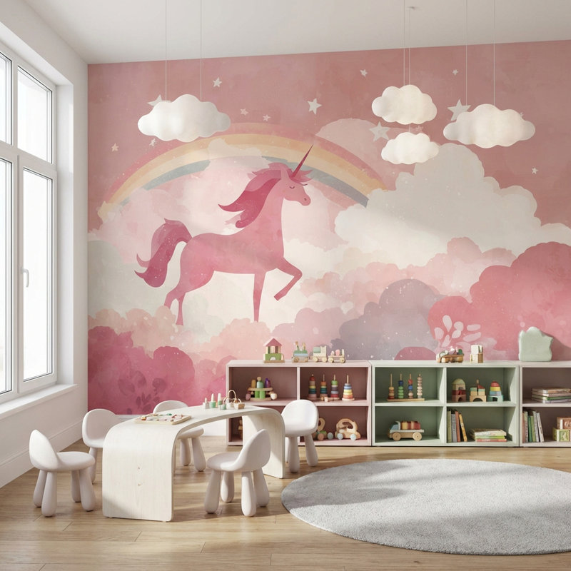 Papier peint licorne arc-en-ciel nuage amovible double rouleau, Texturé non collé, 160 po x 108 po